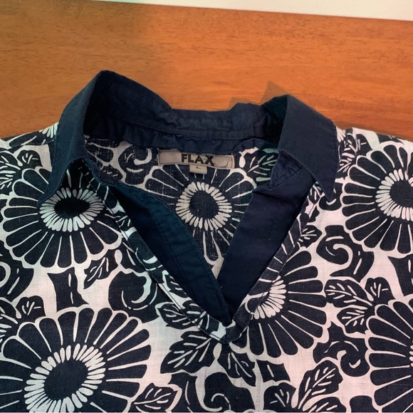 Flax Blue Floral Linen Tunic Top Blouse L Lagenlook Beach Resort Coastal - Picture 11 of 16